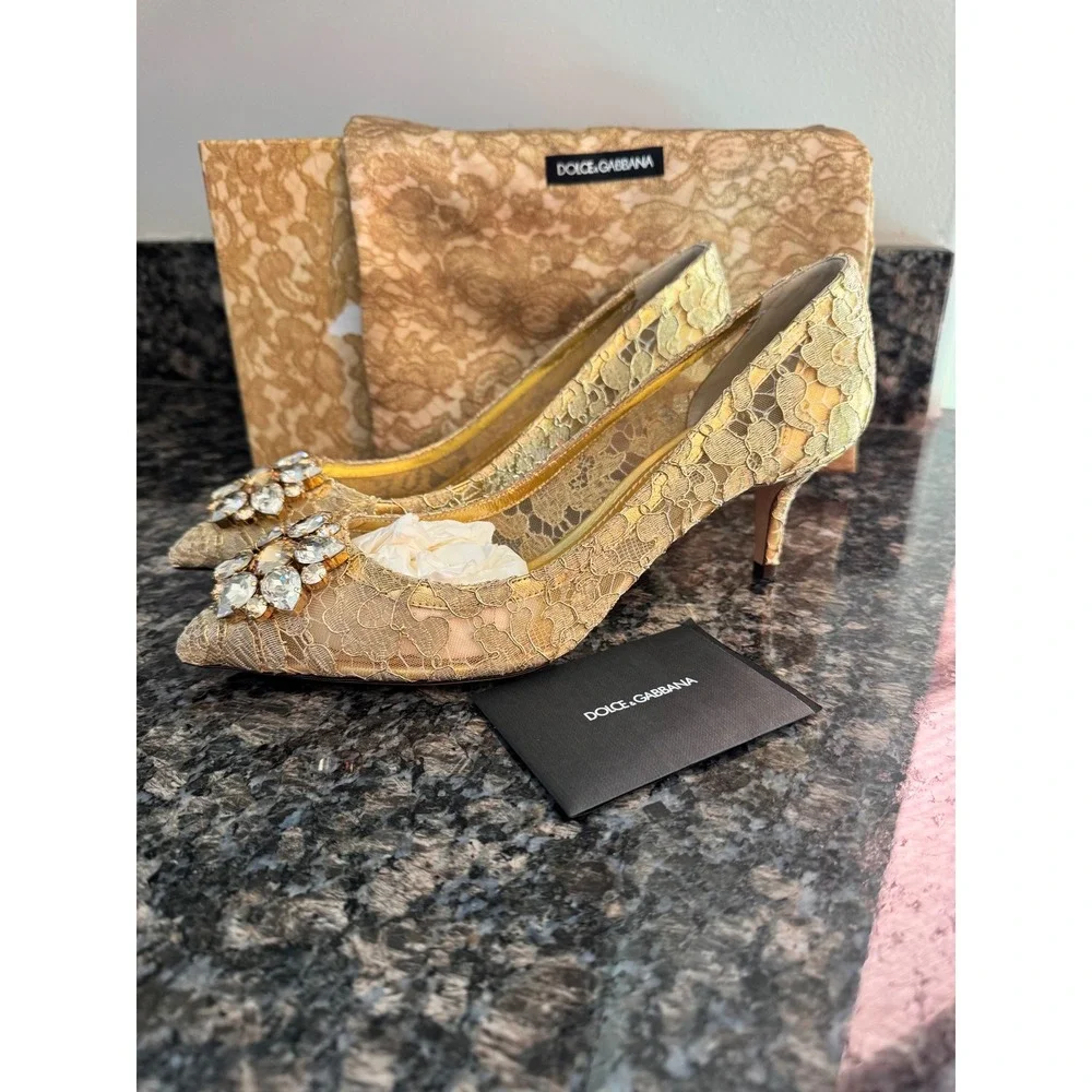 Dolce & Gabbana Bellucci Gold Lace Crystal Pumps CD0066 AE637 40.5/ 10.5 heels - Picture 5 of 16